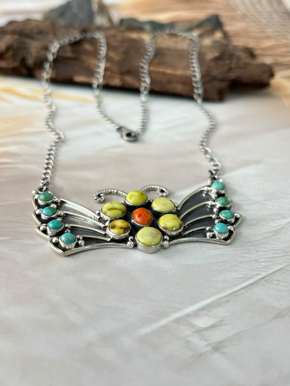Handmade Sterling Silver Palomino with Kingman Turquoise and Orange Mojave Butterfly Necklace Signed Nizhoni