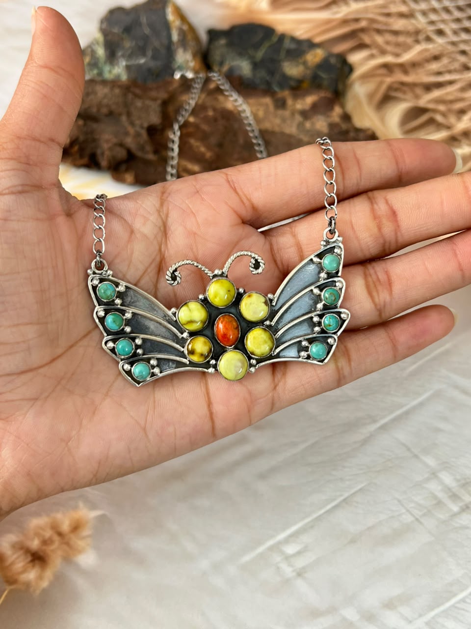 Handmade Sterling Silver Palomino with Kingman Turquoise and Orange Mojave Butterfly Necklace Signed Nizhoni