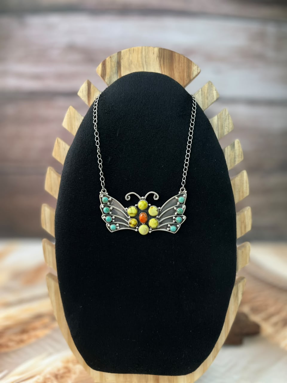 Handmade Sterling Silver Palomino with Kingman Turquoise and Orange Mojave Butterfly Necklace Signed Nizhoni