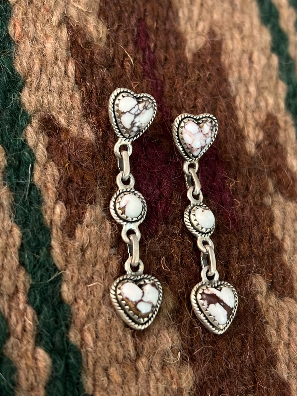 Handmade Sterling Silver Wildhorse Magnesite Post Heart Dangle Earrings Signed Nizhoni