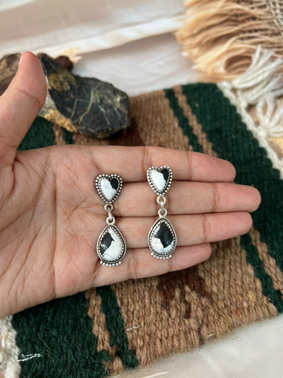 Handmade Sterling Silver White Buffalo Post Dangle Earrings Signed Nizhoni