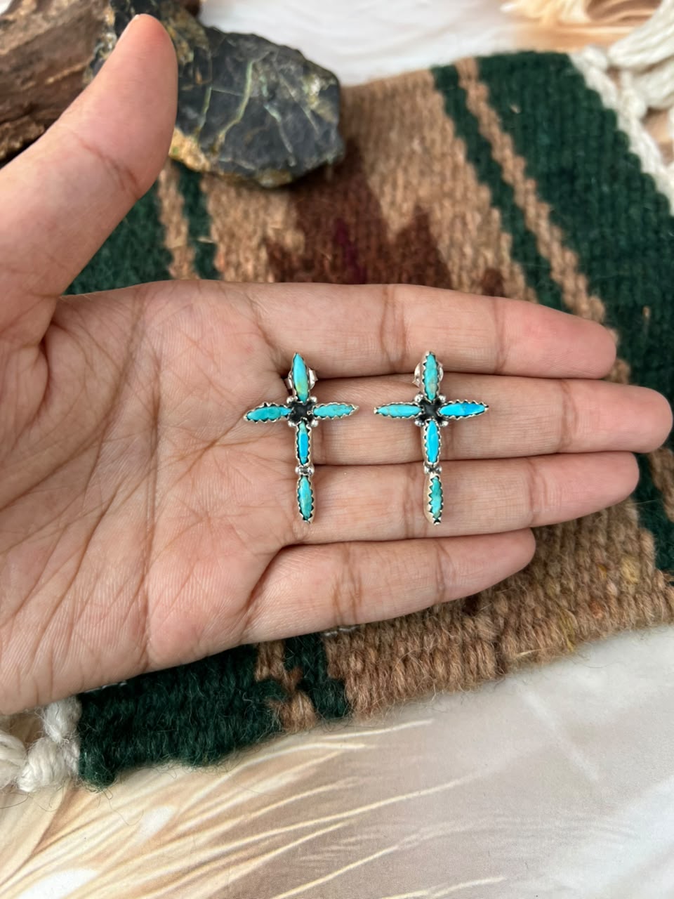 Handmade Sterling Silver Kingman Turquoise Post Studs Cross Earrings Signed Nizhoni