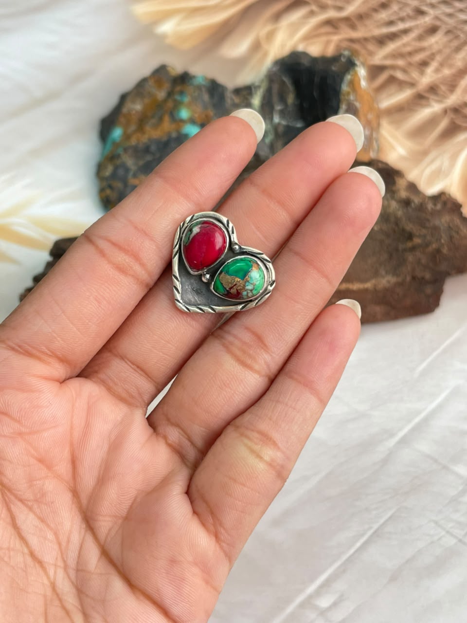 Handmade Sterling Silver Christmas Dahlia Collection: Adjustable Heart Ring Signed Nizhoni