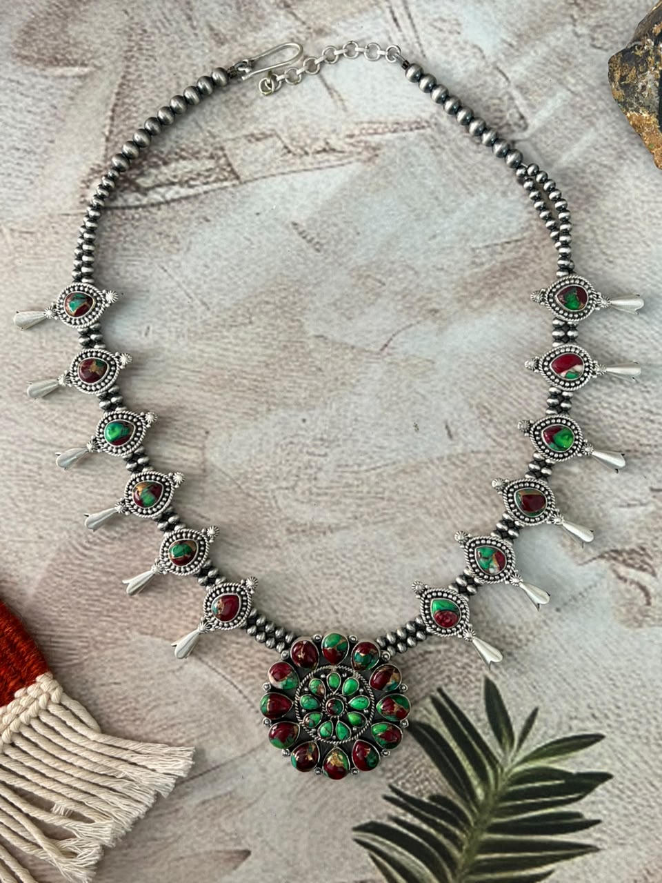 Handmade Sterling Silver Christmas Dahlia Collection: Beaded Squash Blossom Necklace Signed Nizhoni