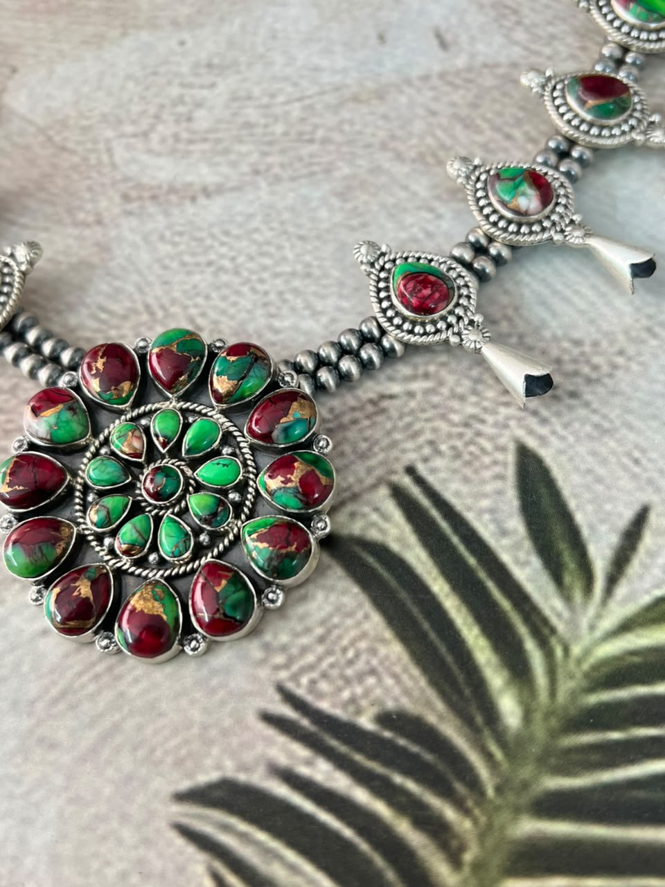 Handmade Sterling Silver Christmas Dahlia Collection: Beaded Squash Blossom Necklace Signed Nizhoni