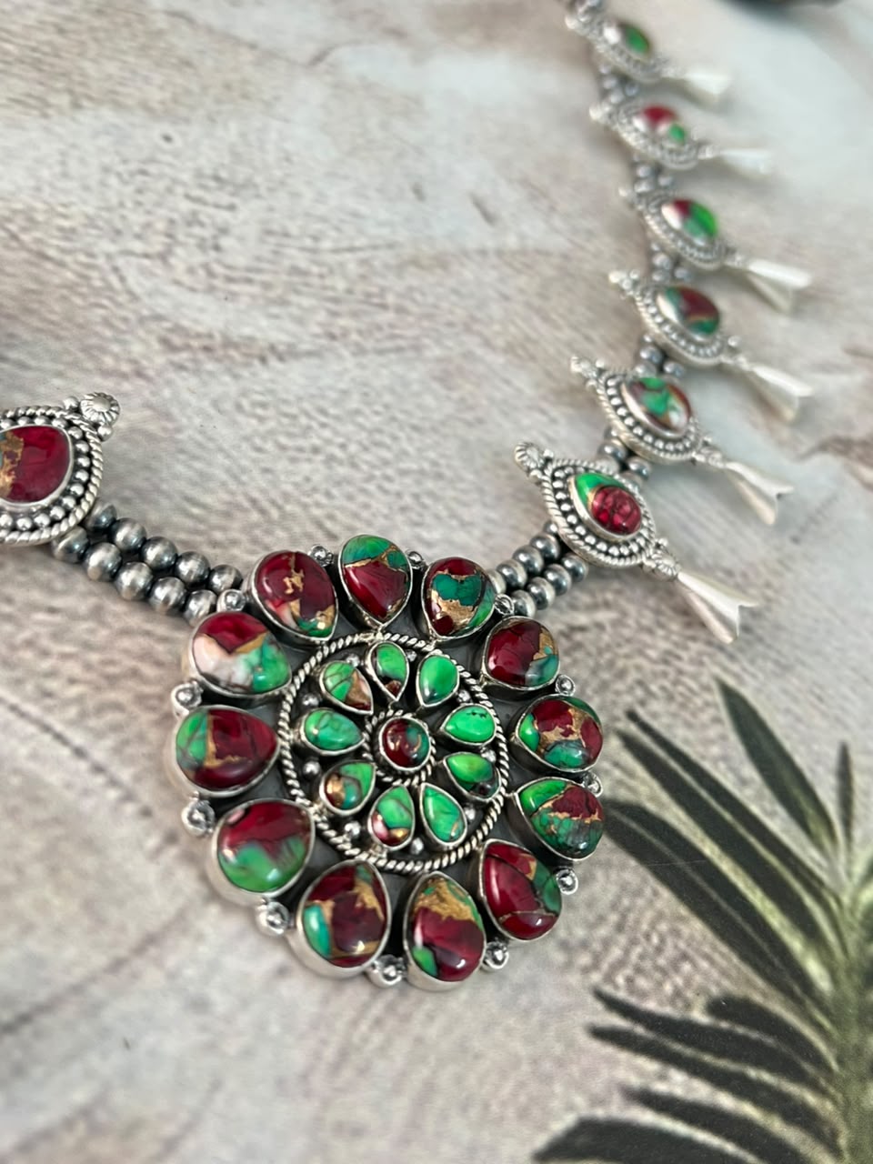 Handmade Sterling Silver Christmas Dahlia Collection: Beaded Squash Blossom Necklace Signed Nizhoni