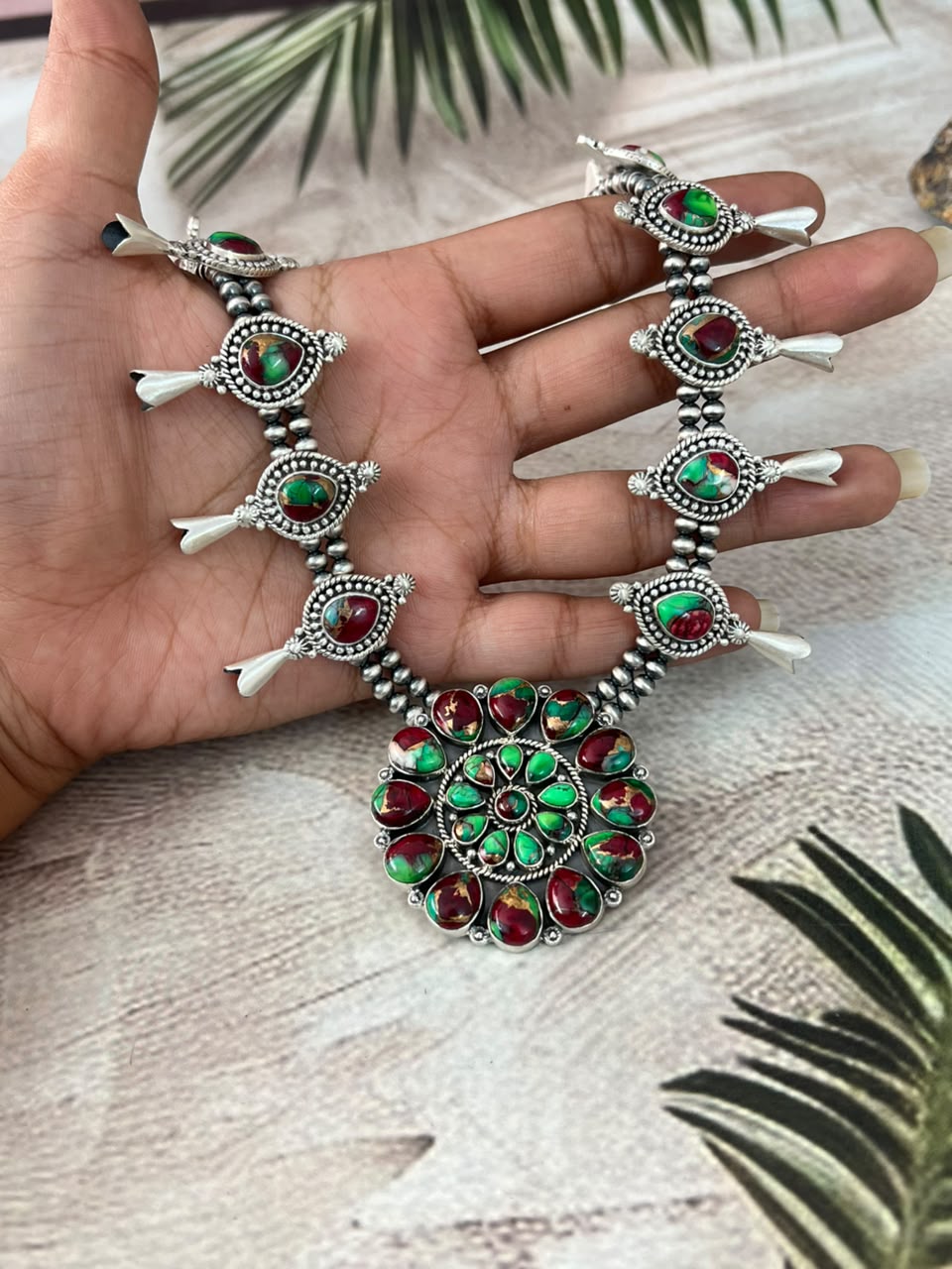 Handmade Sterling Silver Christmas Dahlia Collection: Beaded Squash Blossom Necklace Signed Nizhoni