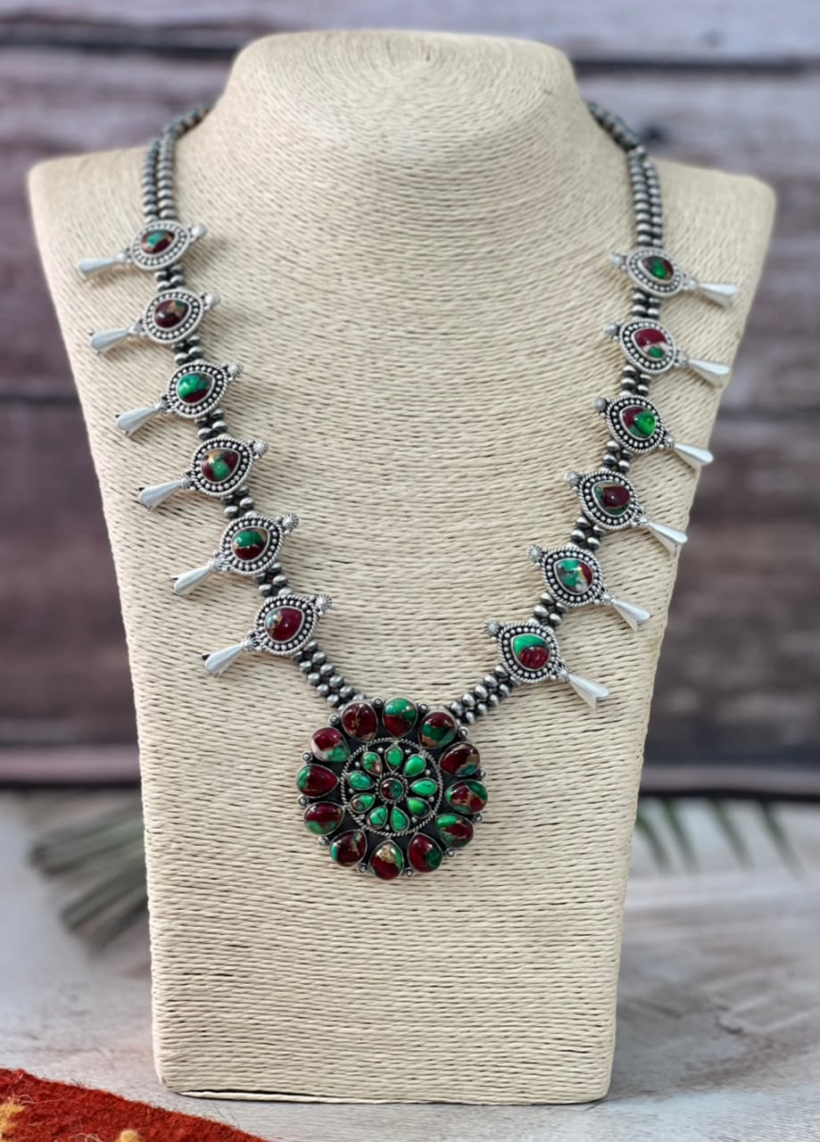 Handmade Sterling Silver Christmas Dahlia Collection: Beaded Squash Blossom Necklace Signed Nizhoni