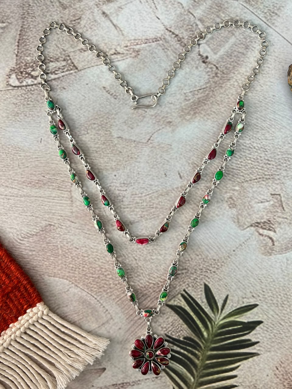 Handmade Sterling Silver Christmas Dahlia Collection: Layerd Necklace Signed Nizhoni