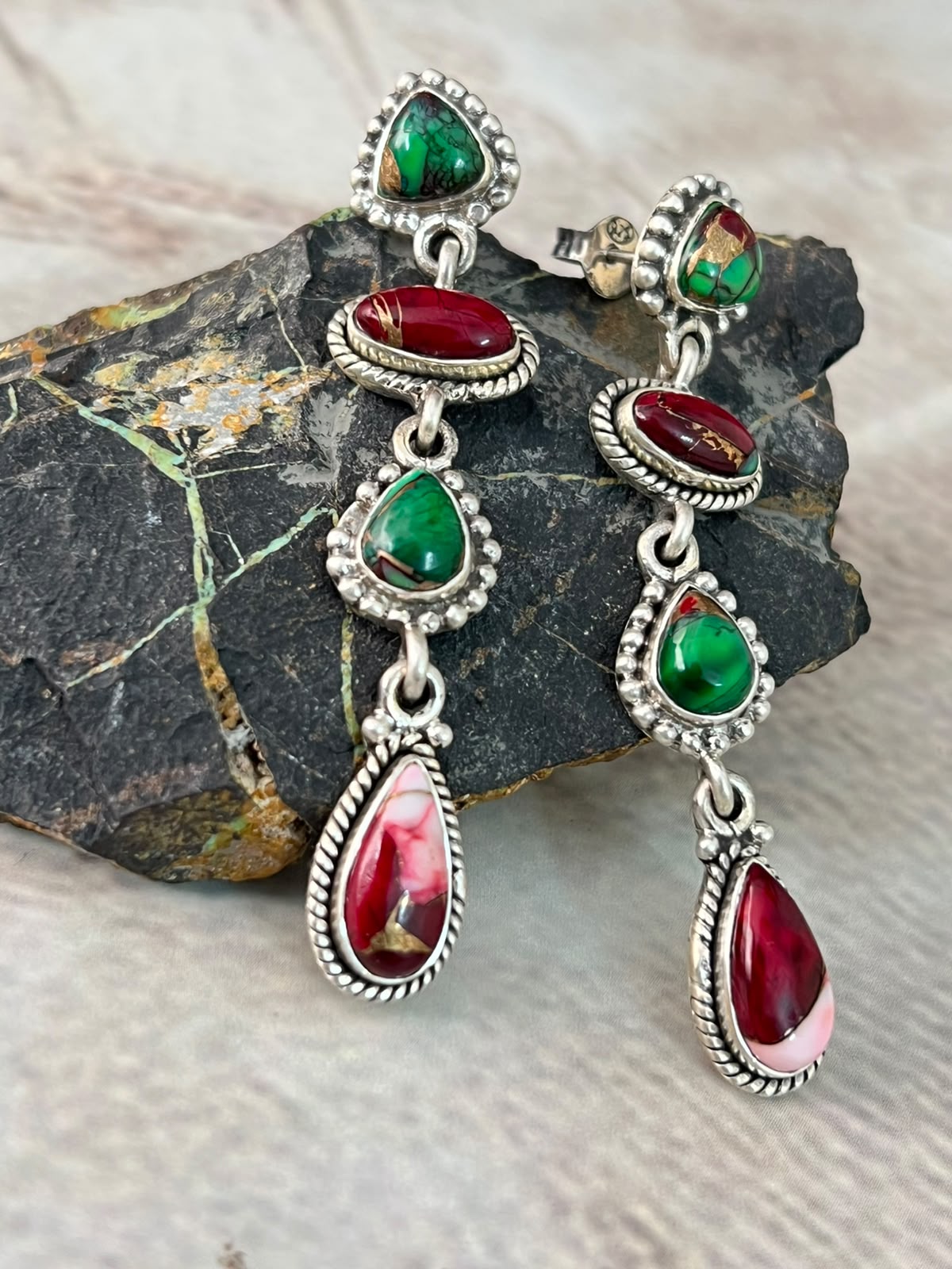 Handmade Sterling Silver Christmas Dahlia Collection: Post Dangle Earrings Signed Nizhoni