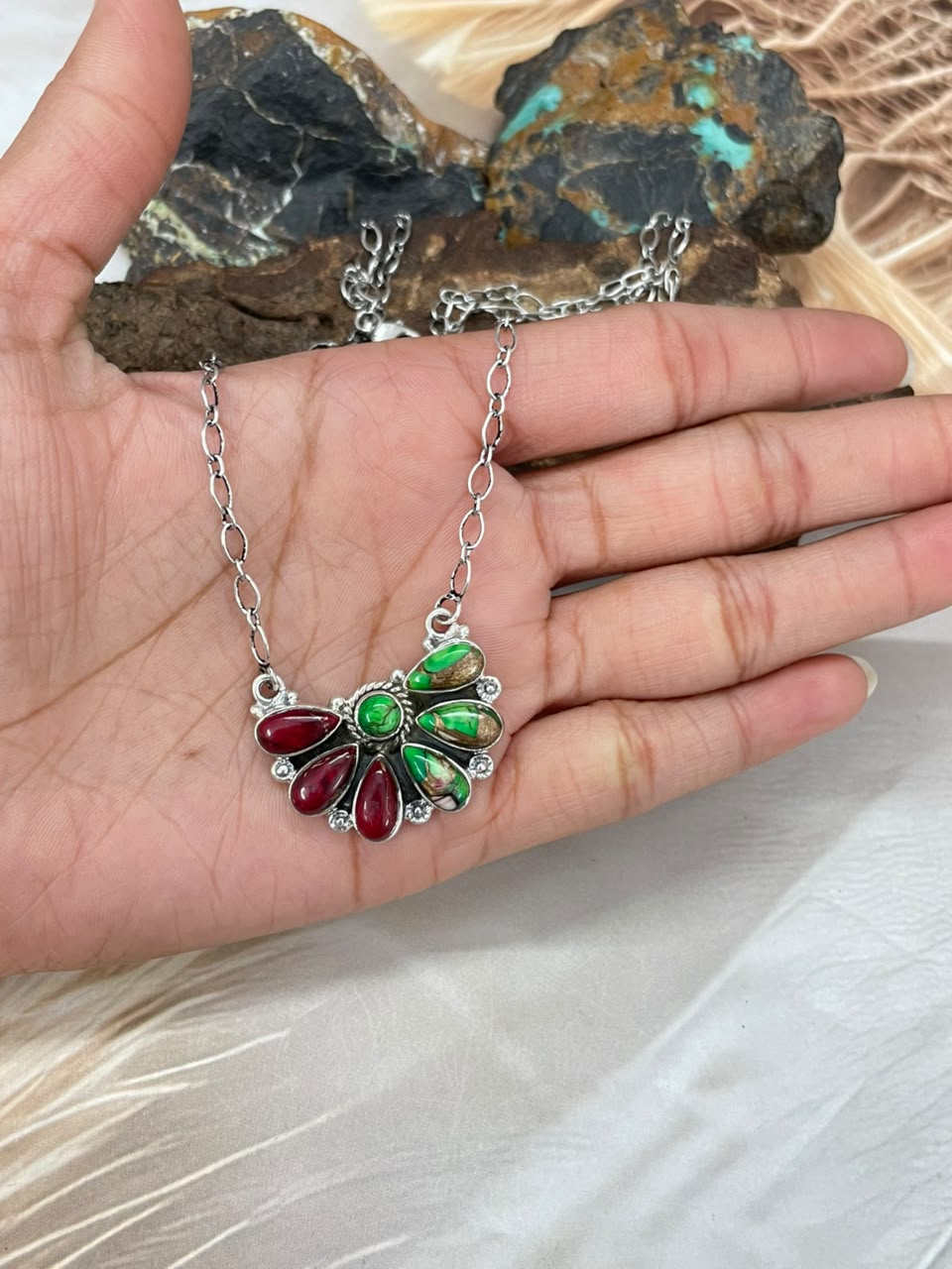 Handmade Sterling Silver Christmas Dahlia Collection: Necklace Signed Nizhoni