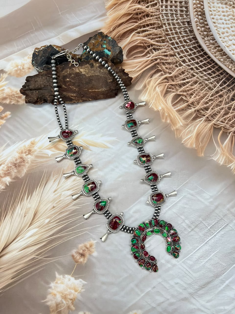 Handmade Sterling Silver Christmas Dahlia Collection: Beaded Squash Blossom Naja Necklace Signed Nizhoni