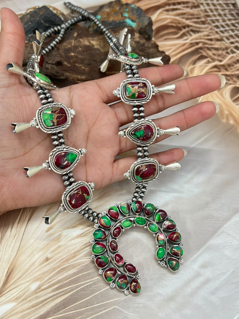 Handmade Sterling Silver Christmas Dahlia Collection: Beaded Squash Blossom Naja Necklace Signed Nizhoni