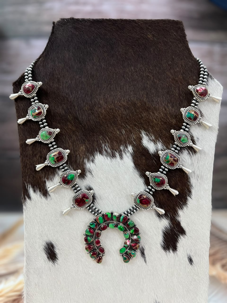Handmade Sterling Silver Christmas Dahlia Collection: Beaded Squash Blossom Naja Necklace Signed Nizhoni