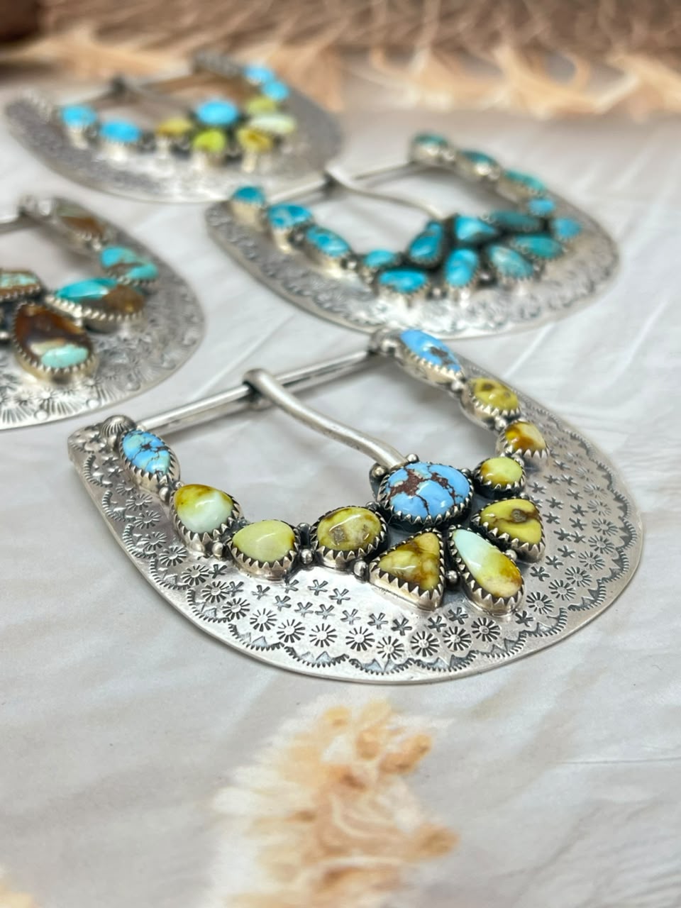 Handmade Sterling Silver Golden Hills with Palomino, Carico Lake, Royston, Sierra Bella and White Water Turquoise Belt Buckle Signed Nizhoni