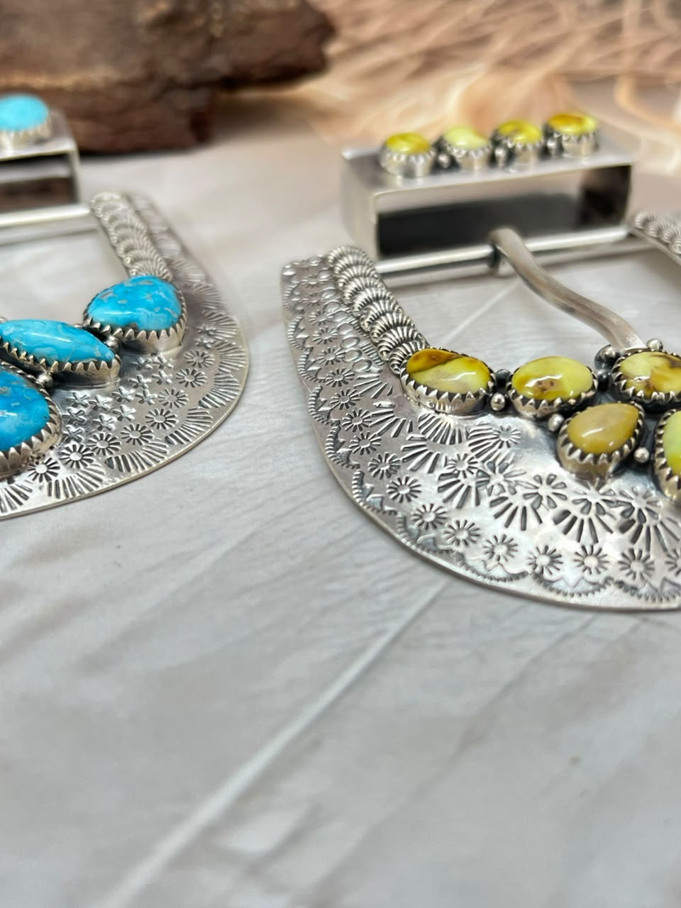 Handmade Sterling Silver Palomino and White Water Turquoise Belt Buckle Set Signed Nizhoni