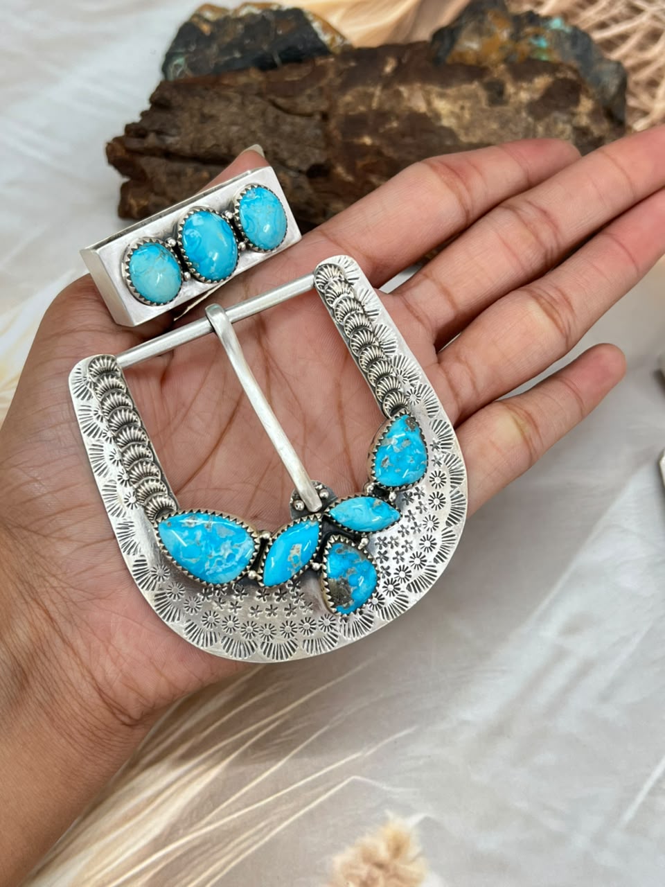 Handmade Sterling Silver Palomino and White Water Turquoise Belt Buckle Set Signed Nizhoni