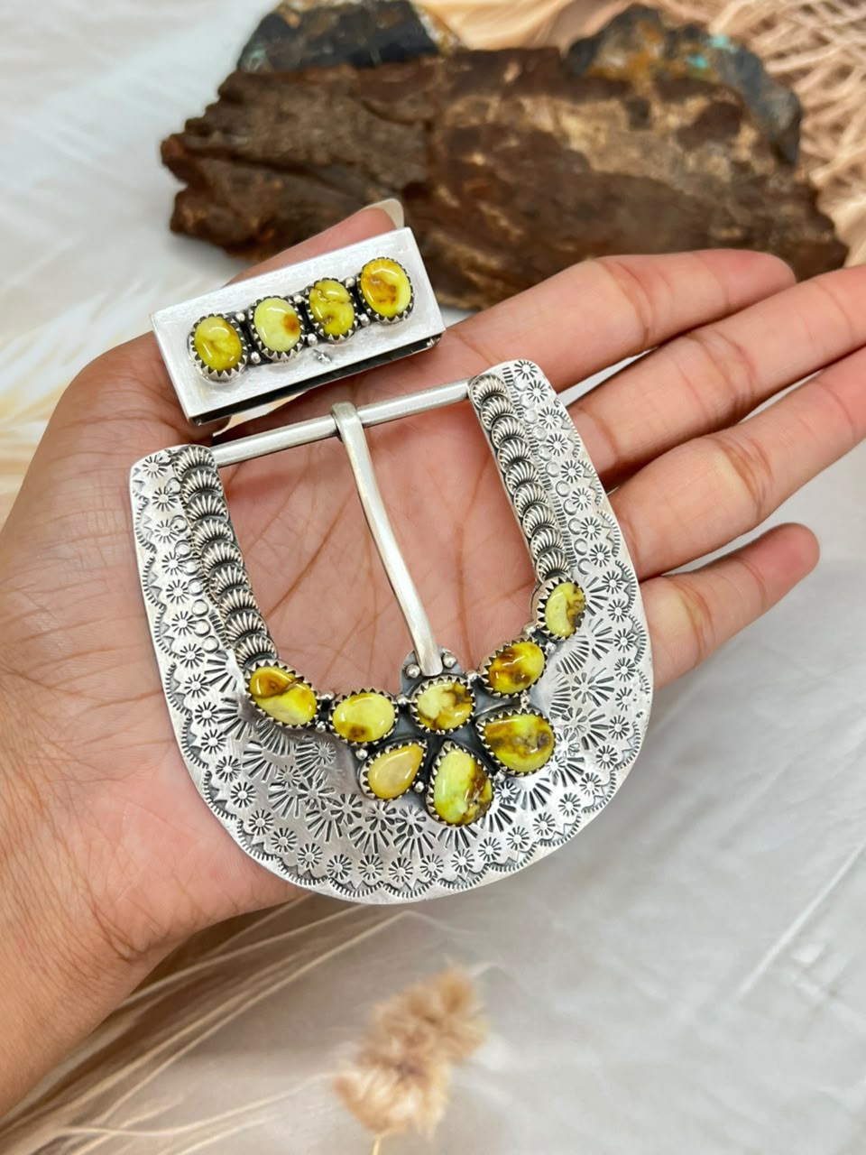 Handmade Sterling Silver Palomino and White Water Turquoise Belt Buckle Set Signed Nizhoni