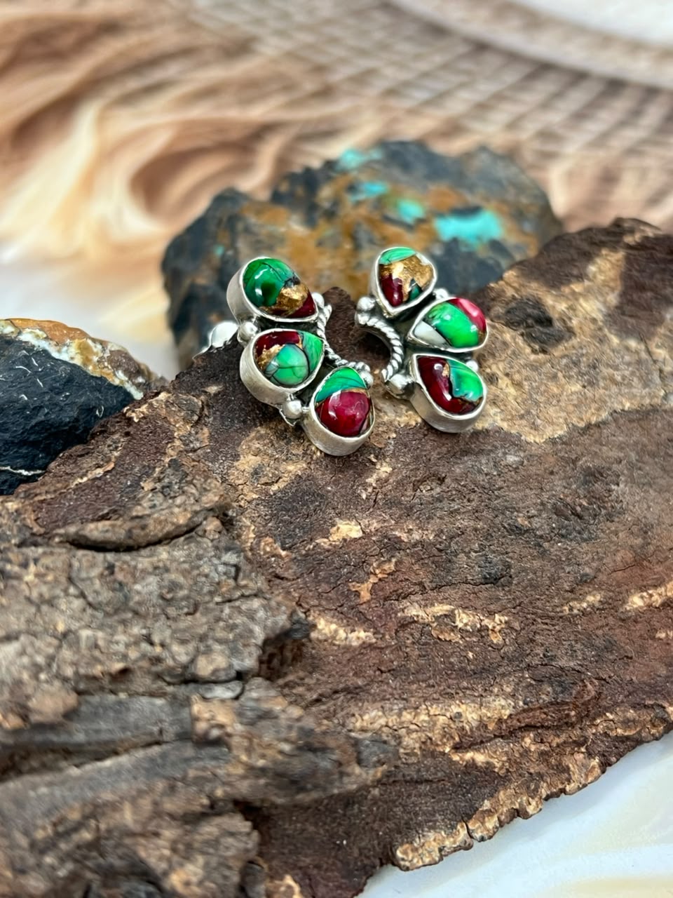 Handmade Sterling Silver Christmas Dahlia Collection: Post Studs Earrings Signed Nizhoni