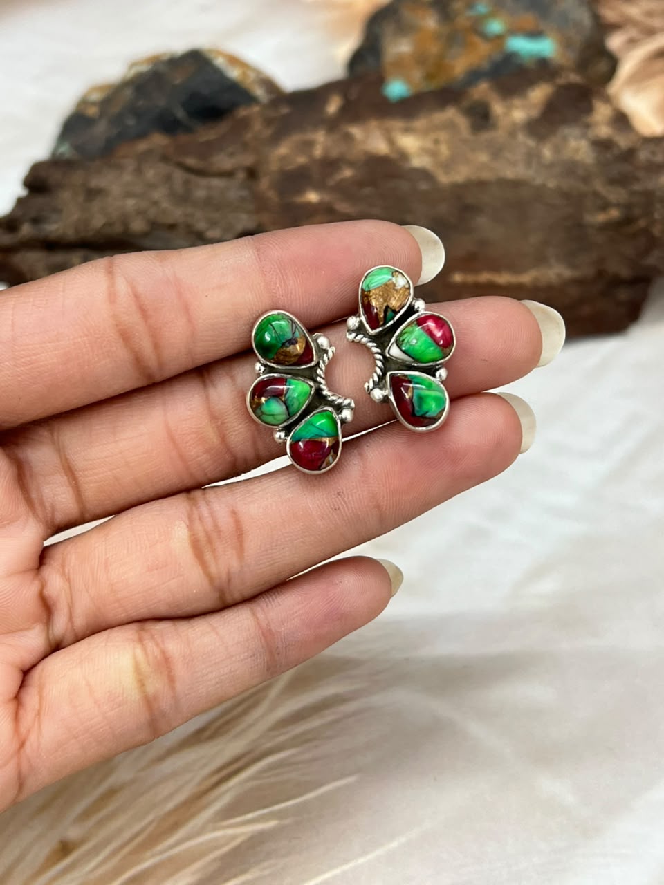 Handmade Sterling Silver Christmas Dahlia Collection: Post Studs Earrings Signed Nizhoni