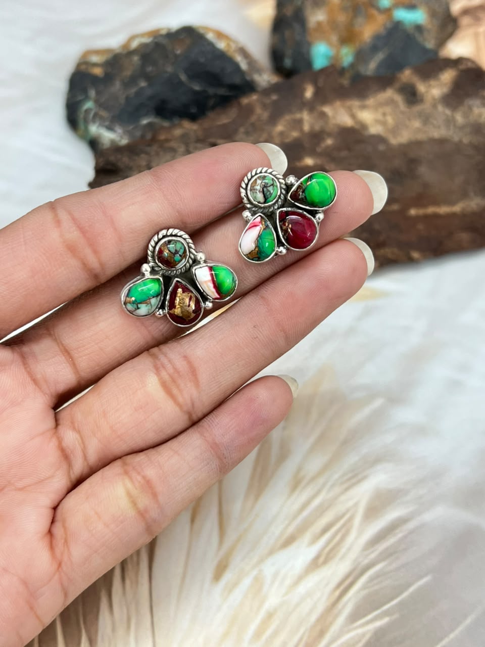 Handmade Sterling Silver Christmas Dahlia Collection: Post Studs Earrings Signed Nizhoni