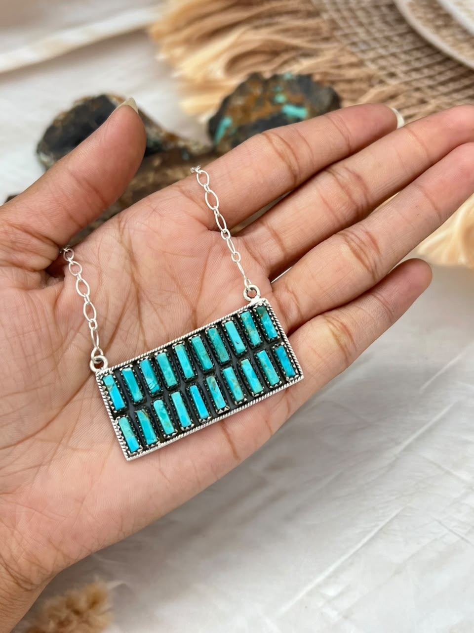 Handmade Sterling Silver Kingman Turquoise Bar Necklace Signed Nizhoni