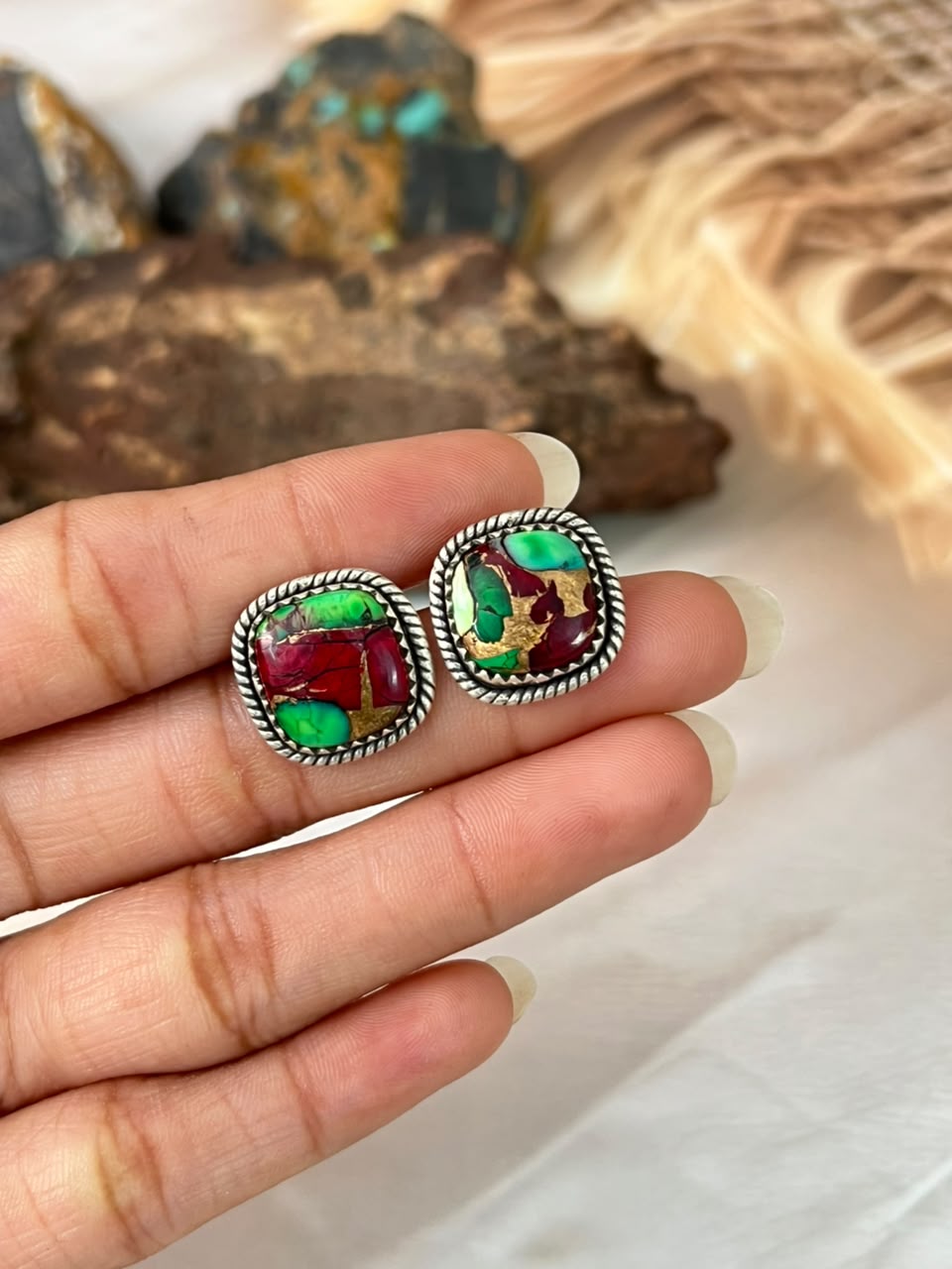 Handmade Sterling Silver Christmas Dahlia Collection: Post Studs Earrings Signed Nizhoni