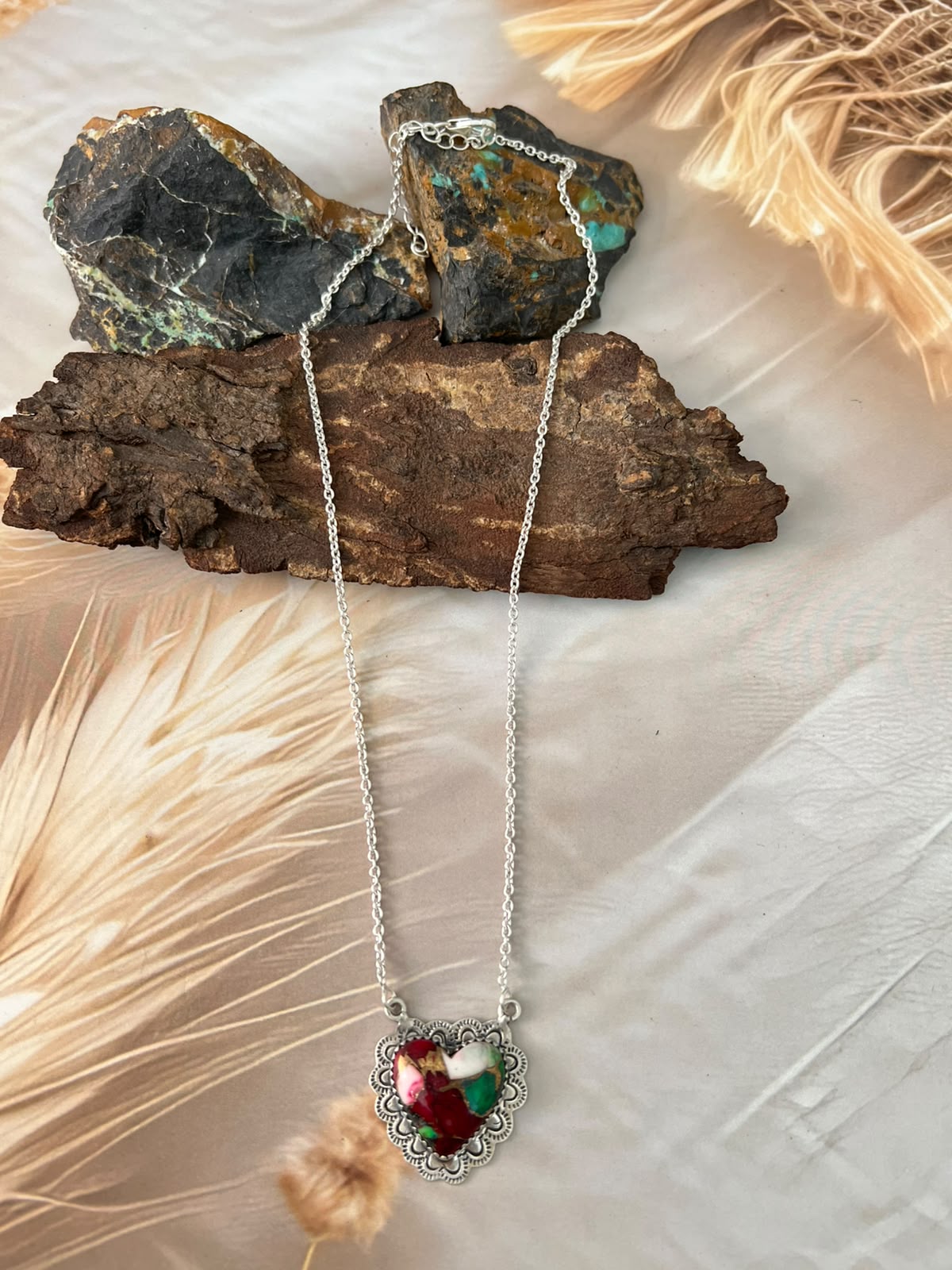Handmade Sterling Silver Christmas Dahlia Collection: Heart Necklace Signed Nizhoni