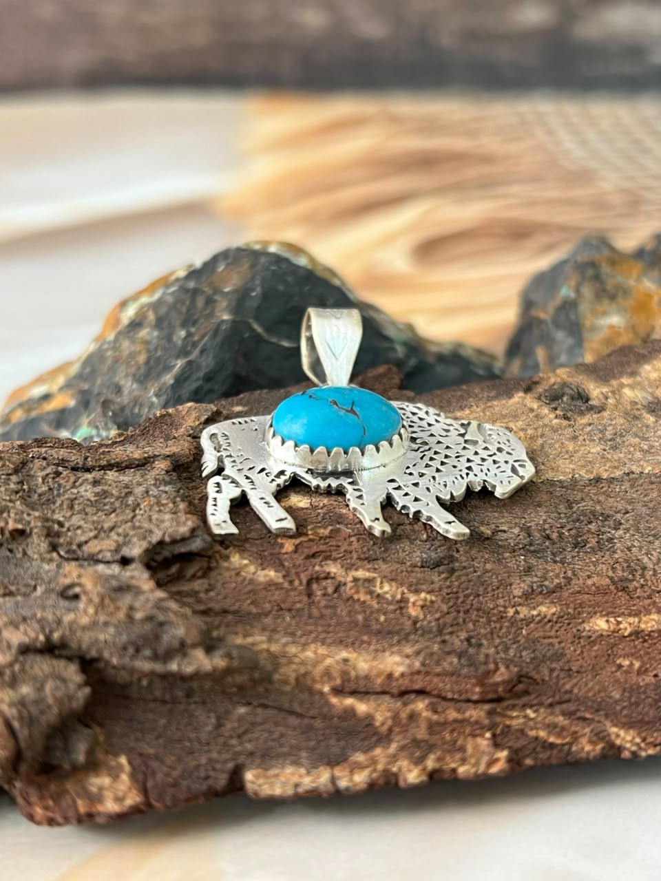 Handmade Sterling Silver Kingman Turquoise Bison Pendant Signed Nizhoni