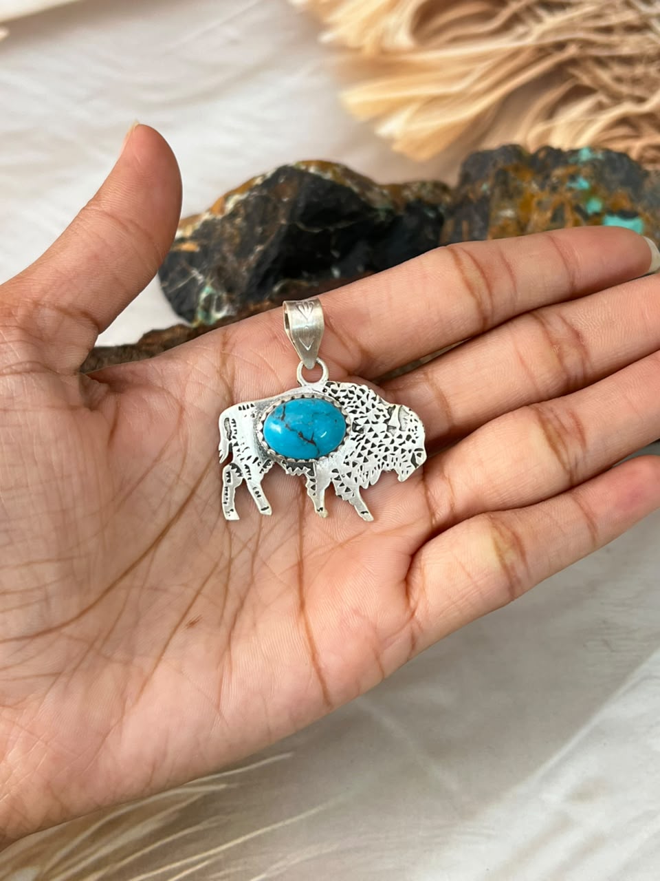 Handmade Sterling Silver Kingman Turquoise Bison Pendant Signed Nizhoni