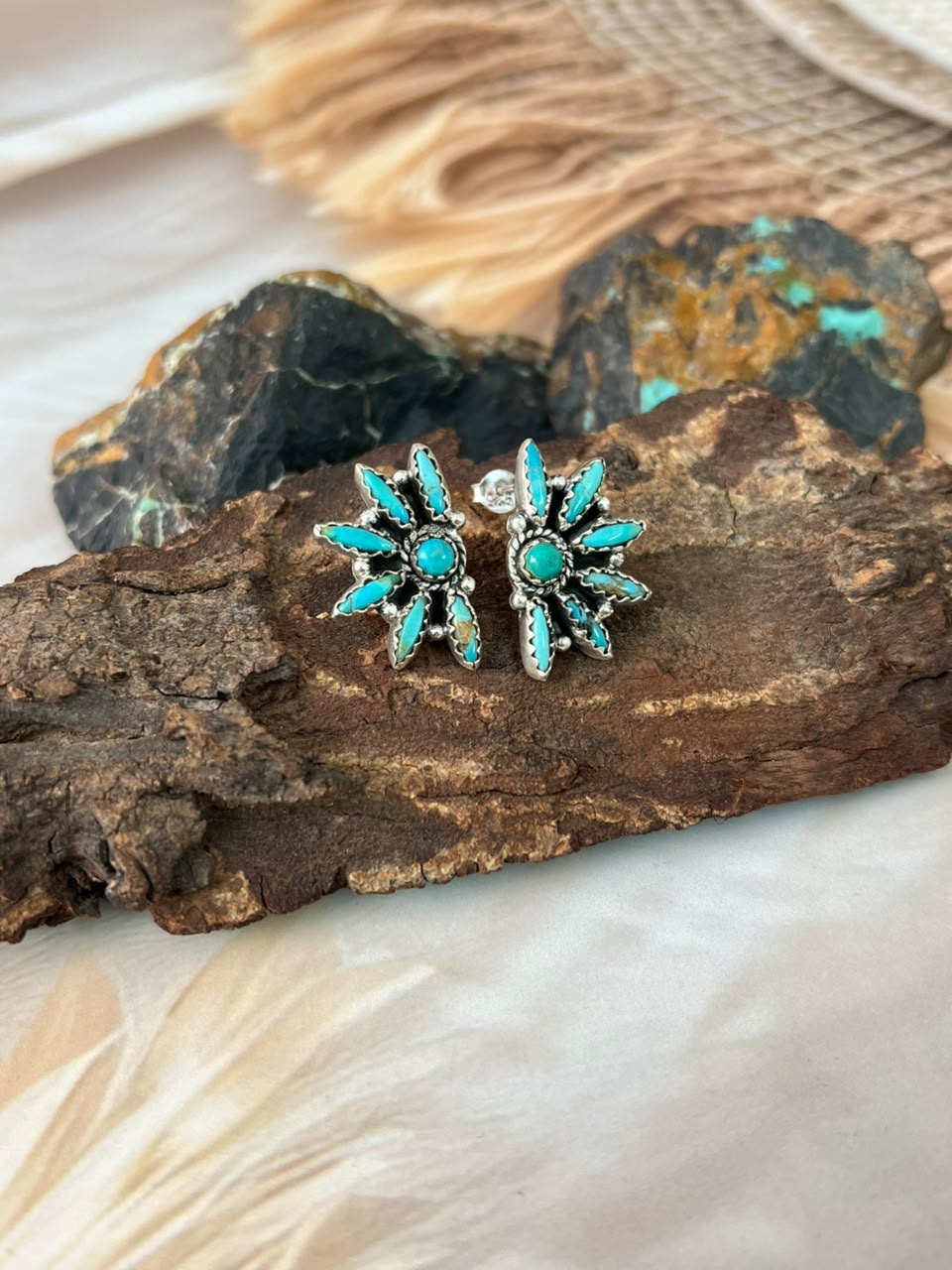 Handmade Sterling Silver Kingman Turquoise Post Studs Earrings Signed Nizhoni