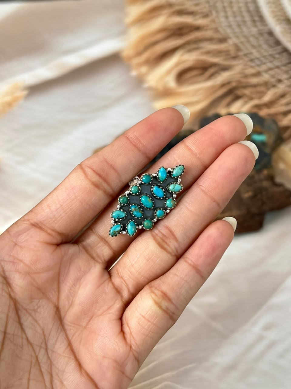 Handmade Sterling Silver Kingman Turquoise Adjustable Ring Signed Nizhoni