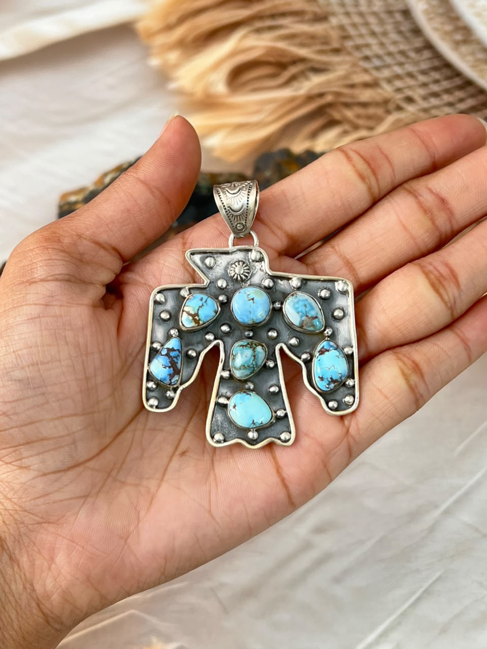 Handmade Sterling Silver Golden Hills Turquoise Pendant Signed Nizhoni