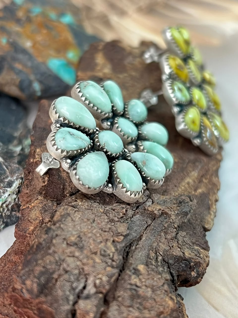 Handmade Sterling Silver Paloma and Palomino Turquoise Post Studs Earrings Signed Nizhoni