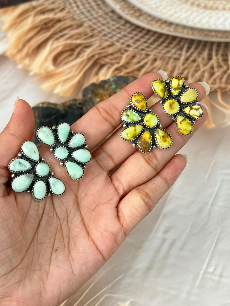 Handmade Sterling Silver Paloma and Palomino Turquoise Post Studs Earrings Signed Nizhoni