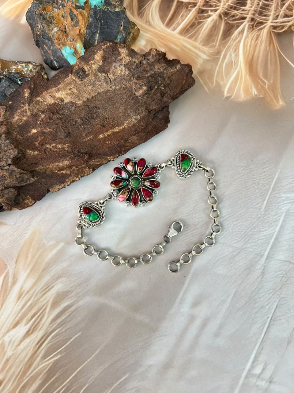 Handmade Sterling Silver Christmas Dahlia Collection: Chain Bracelet Signed Nizhoni