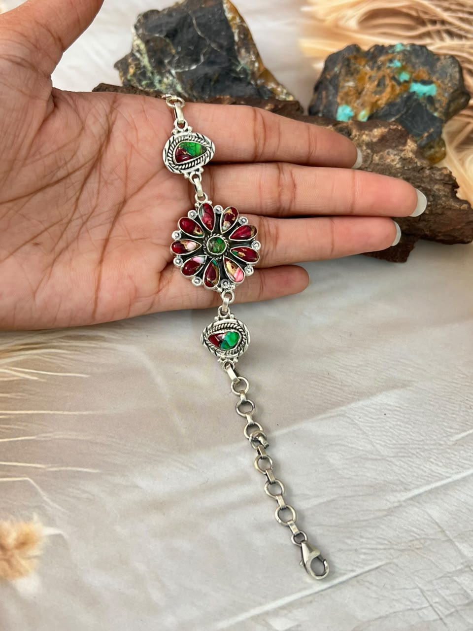 Handmade Sterling Silver Christmas Dahlia Collection: Chain Bracelet Signed Nizhoni