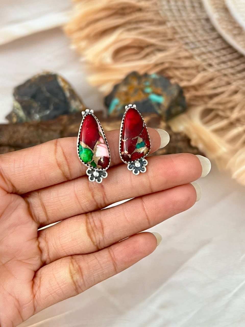 Handmade Sterling Silver Christmas Dahlia Collection: Post Studs Earrings Signed Nizhoni