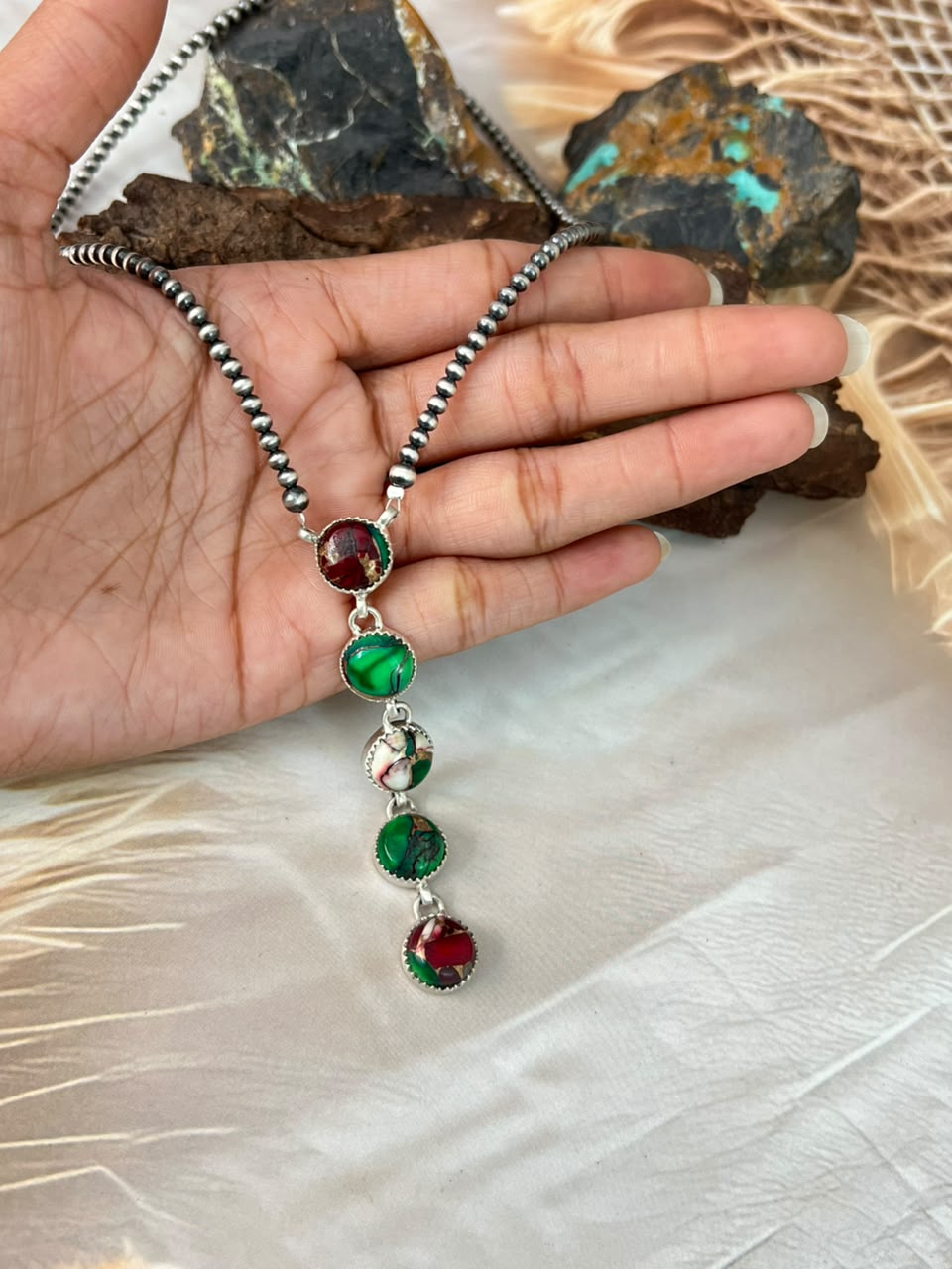 Handmade Sterling Silver Christmas Dahlia Collection: Beaded Necklace Signed Nizhoni
