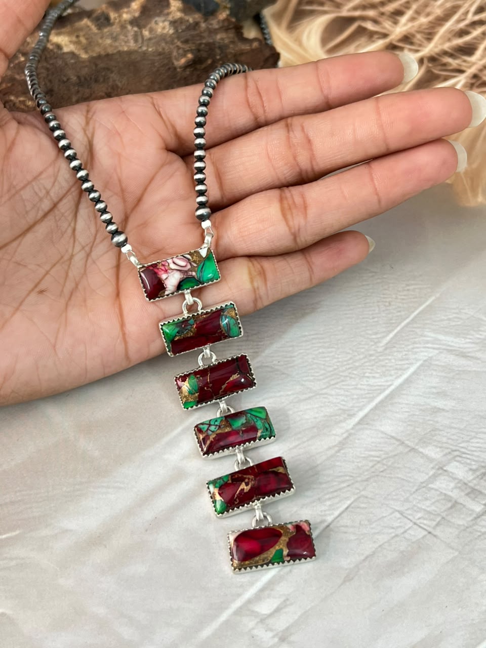 Handmade Sterling Silver Christmas Dahlia Collection: Beaded Necklace Signed Nizhoni