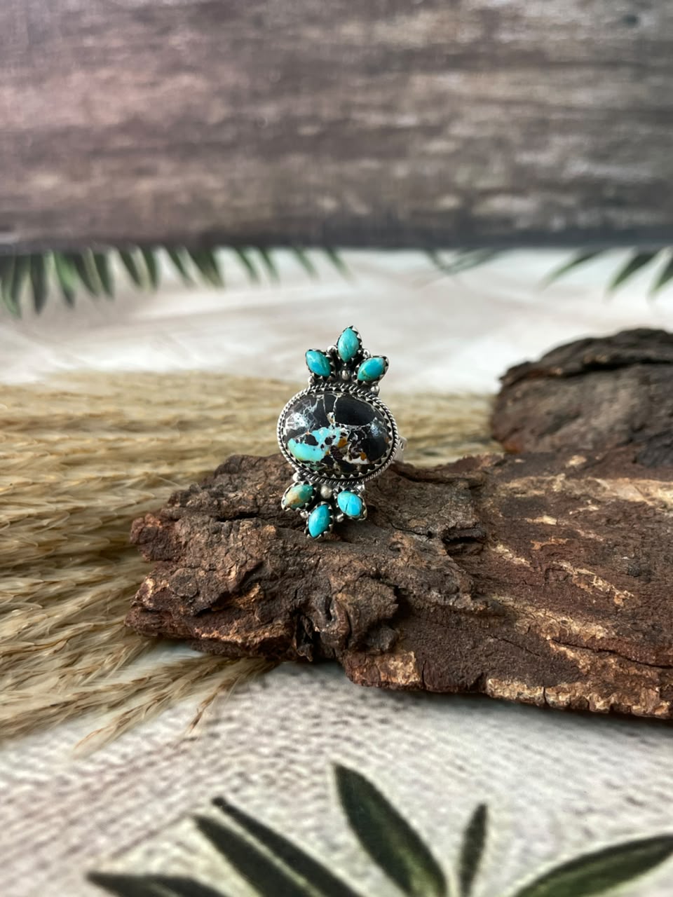 Handmade Sterling Silver Blackjack with Kingman Turquoise Adjustable Ring Signed Nizhoni