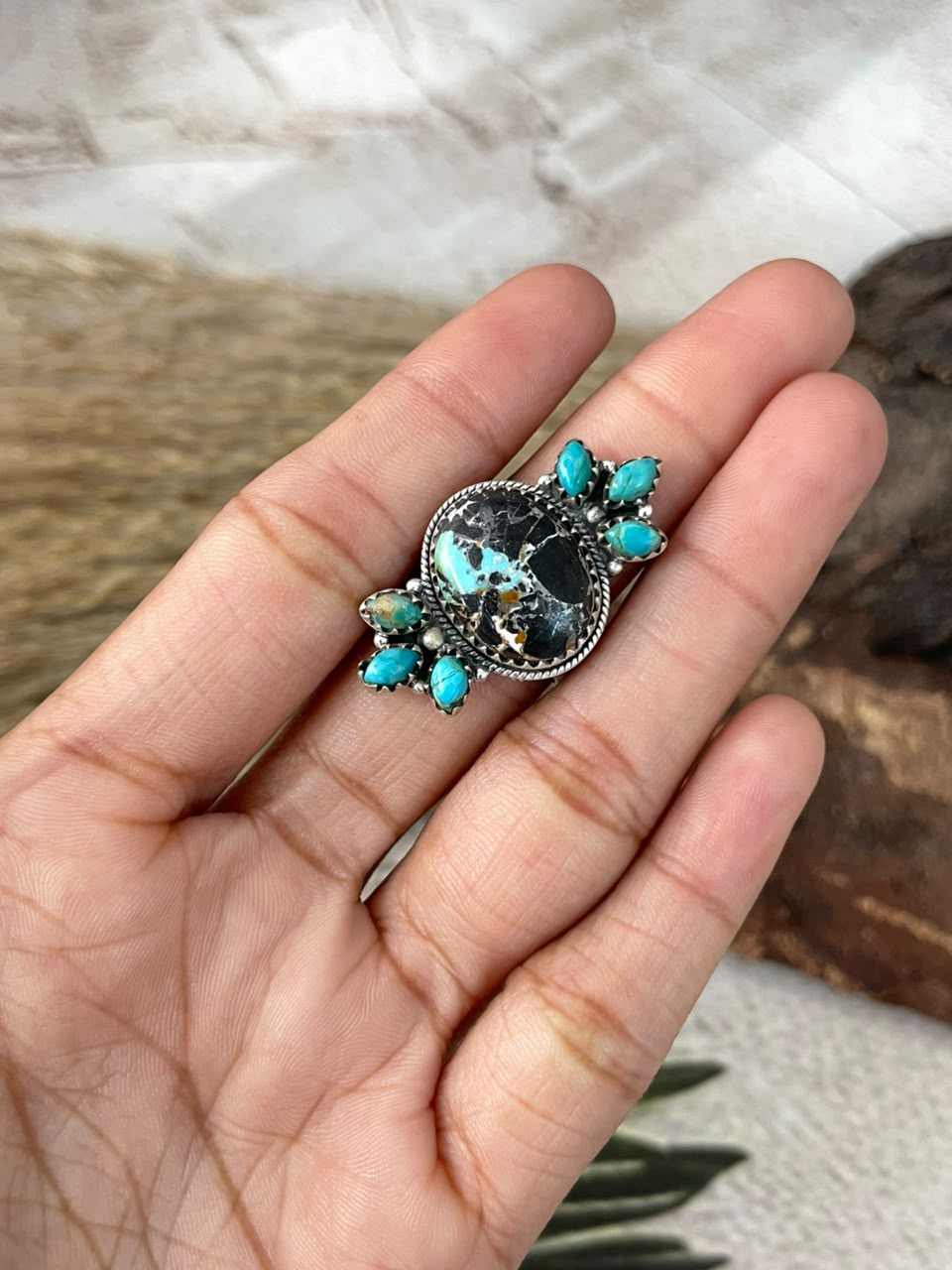 Handmade Sterling Silver Blackjack with Kingman Turquoise Adjustable Ring Signed Nizhoni