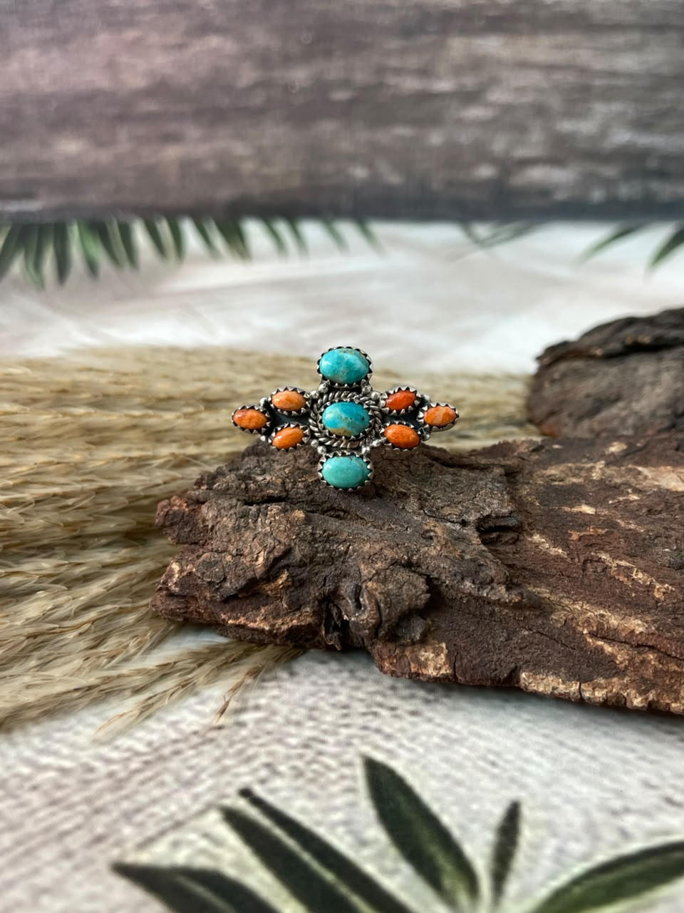 Handmade Sterling Silver Orange Mojave with Kingman Turquoise Adjustable Ring Signed Nizhoni (6)