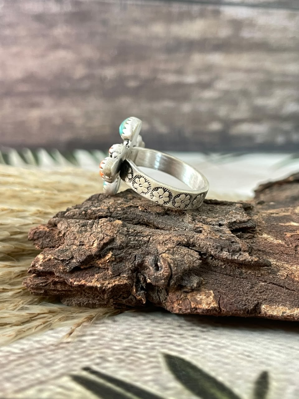 Handmade Sterling Silver Orange Mojave with Kingman Turquoise Adjustable Ring Signed Nizhoni (6)