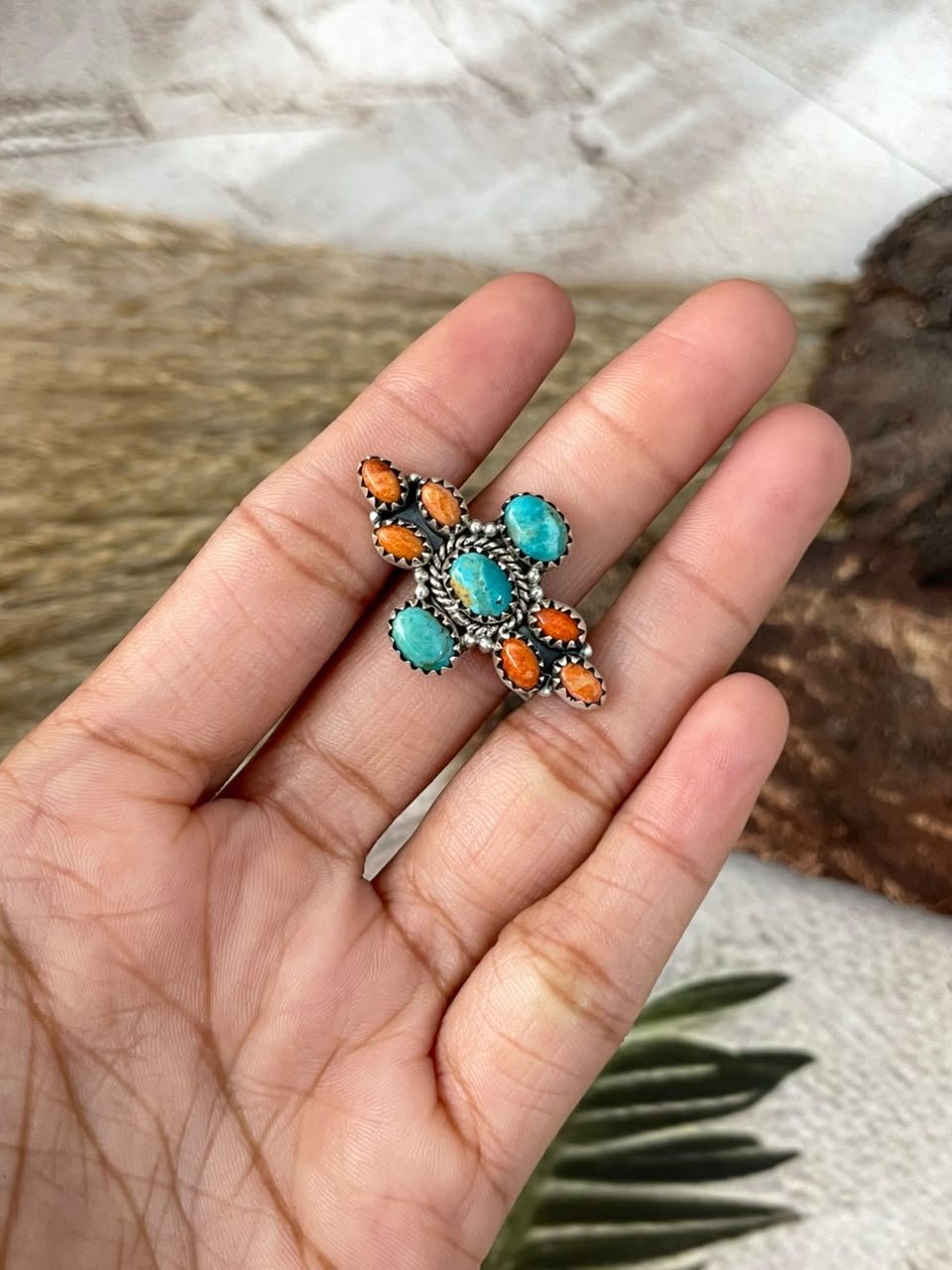 Handmade Sterling Silver Orange Mojave with Kingman Turquoise Adjustable Ring Signed Nizhoni (6)