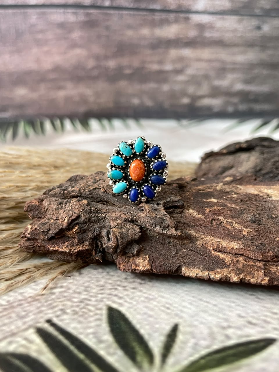 Handmade Sterling Silver Orange Mojave with Kingman Turquoise and Lapis Adjustable Ring Signed Nizhoni