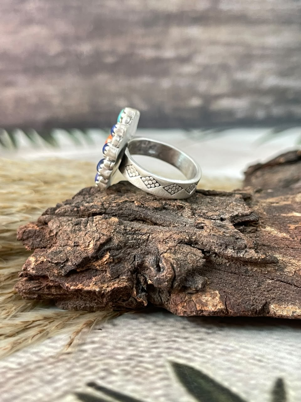 Handmade Sterling Silver Orange Mojave with Kingman Turquoise and Lapis Adjustable Ring Signed Nizhoni
