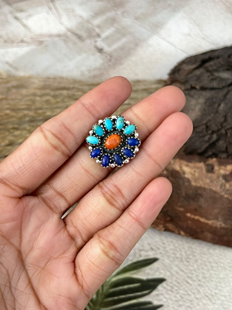 Handmade Sterling Silver Orange Mojave with Kingman Turquoise and Lapis Adjustable Ring Signed Nizhoni
