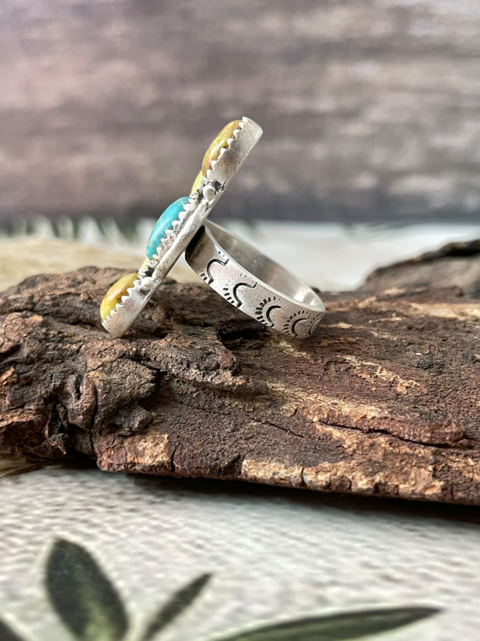 Handmade Sterling Silver White Water with Palomino Turquoise Adjustable Ring Signed Nizhoni (2)