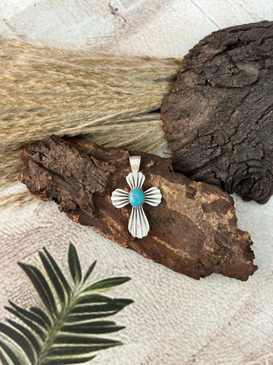 Handmade Sterling Silver Kingman Turquoise Cross Pendant Signed Nizhoni